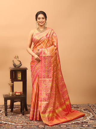 Padmaprabha-Coral Pink Rajkot Single Ikkat Pure Mulberry Silk Patola Saree