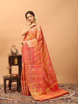 Padmaprabha-Coral Pink Rajkot Single Ikkat Pure Mulberry Silk Patola Saree