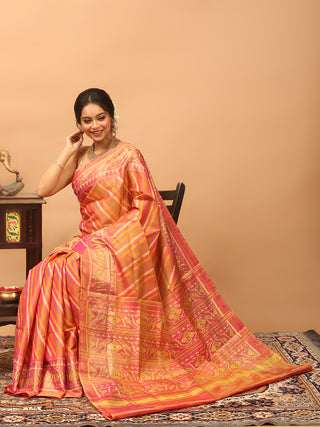 Padmaprabha-Coral Pink Rajkot Single Ikkat Pure Mulberry Silk Patola Saree