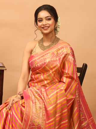 Padmaprabha-Coral Pink Rajkot Single Ikkat Pure Mulberry Silk Patola Saree