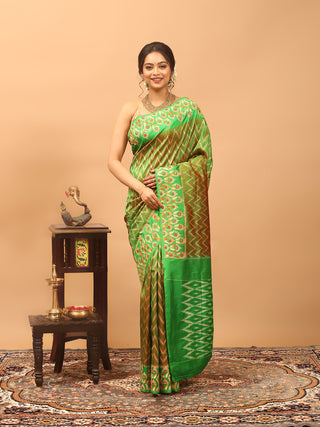 Leaf Green & Rust-Red Dual-Tone Single Ikkat Pochampally Silk Saree with Hand-Embroidered Border