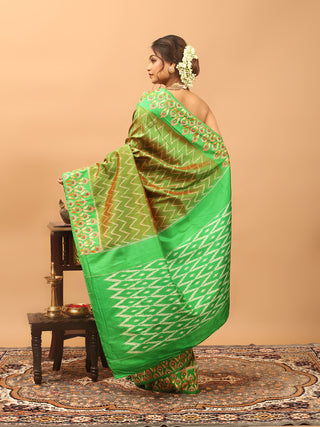 Leaf Green & Rust-Red Dual-Tone Single Ikkat Pochampally Silk Saree with Hand-Embroidered Border