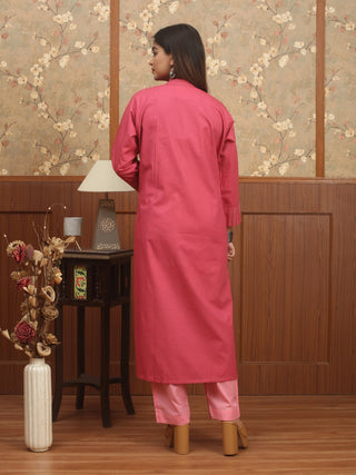 Rose Pink Cotton Kurti with Kantha Embroidery and Pintucks