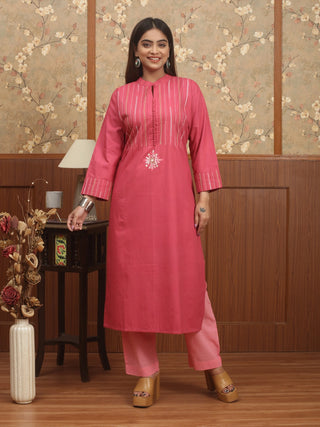 Rose Pink Cotton Kurti with Kantha Embroidery and Pintucks