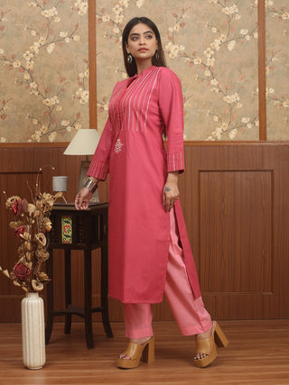 Rose Pink Cotton Kurti with Kantha Embroidery and Pintucks