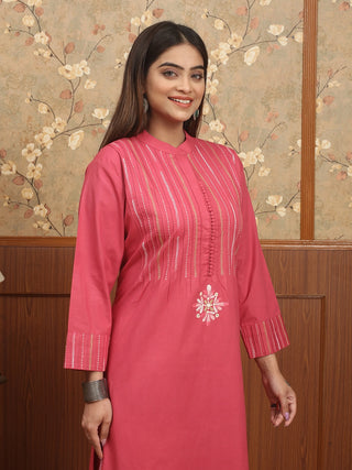 Rose Pink Cotton Kurti with Kantha Embroidery and Pintucks