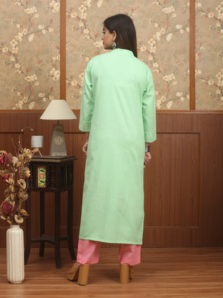 Pistachio Green Cotton Kurti with Kantha Embroidery and Pintucks