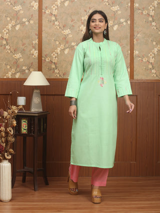 Pistachio Green Cotton Kurti with Kantha Embroidery and Pintucks