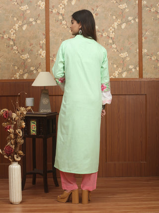 Pistachio Green Cotton Kurti with Kantha & Lace