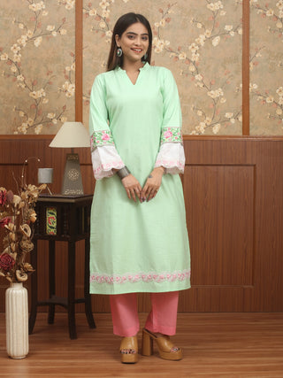 Pistachio Green Cotton Kurti with Kantha & Lace