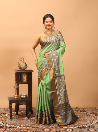 Haritambara-Mint Green and Slate Grey Rajkot Single Ikkat Pure Mulberry Silk Patola Saree