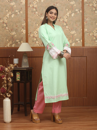 Pistachio Green Cotton Kurti with Kantha & Lace