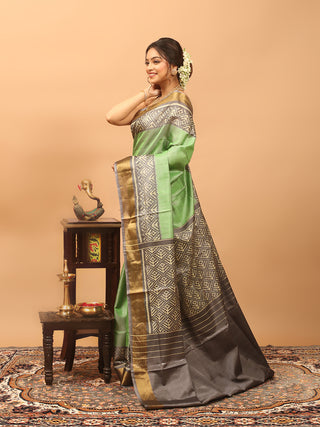 Haritambara-Mint Green and Slate Grey Rajkot Single Ikkat Pure Mulberry Silk Patola Saree