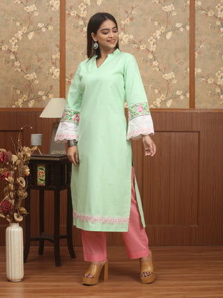 Pistachio Green Cotton Kurti with Kantha & Lace