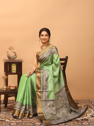 Haritambara-Mint Green and Slate Grey Rajkot Single Ikkat Pure Mulberry Silk Patola Saree