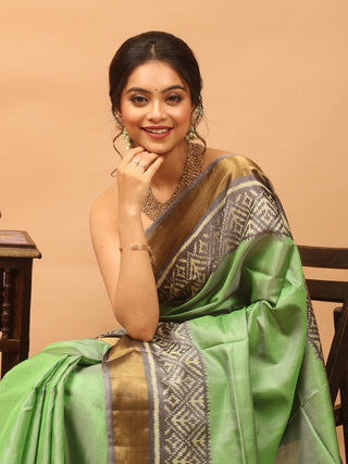 Haritambara-Mint Green and Slate Grey Rajkot Single Ikkat Pure Mulberry Silk Patola Saree