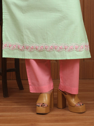 Pistachio Green Cotton Kurti with Kantha & Lace