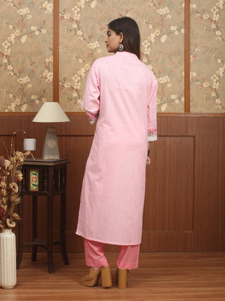 Baby Pink Cotton Kurti with Kantha Embroidered  Sleeves and Lace Detailing