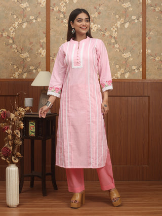 Baby Pink Cotton Kurti with Kantha Embroidered  Sleeves and Lace Detailing