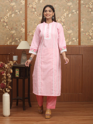 Baby Pink Cotton Kurti with Kantha Embroidered  Sleeves and Lace Detailing