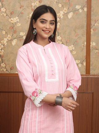 Baby Pink Cotton Kurti with Kantha Embroidered  Sleeves and Lace Detailing