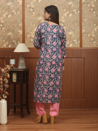 Grey-Pink-Navy Jaipur Cotton Kurti with Dabu Print and Hand Embroidered Yoke