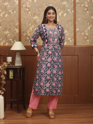 Grey-Pink-Navy Jaipur Cotton Kurti with Dabu Print and Hand Embroidered Yoke