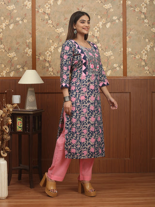 Grey-Pink-Navy Jaipur Cotton Kurti with Dabu Print and Hand Embroidered Yoke