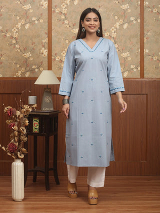 Powder Blue Hand Kantha Cotton Kurti