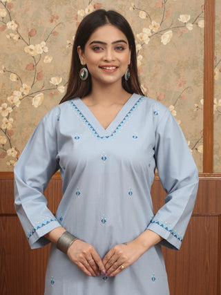 Powder Blue Hand Kantha Cotton Kurti
