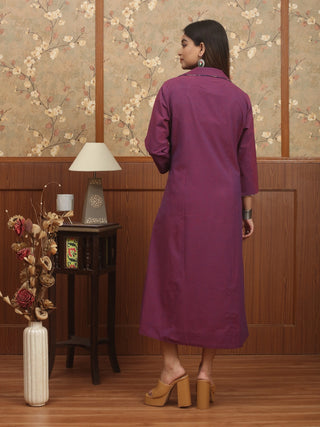 Madhubani Muse – Purple Andhra Cotton A-Line Dress with Hand-Painted Yoke