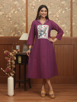 Madhubani Muse – Purple Andhra Cotton A-Line Dress with Hand-Painted Yoke
