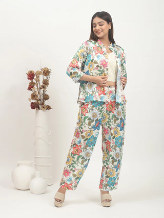 Ivory Base Multicoloured Modal Satin Co-ord Set