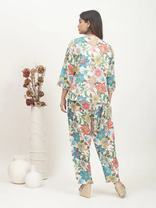 Ivory Base Multicoloured Modal Satin Co-ord Set