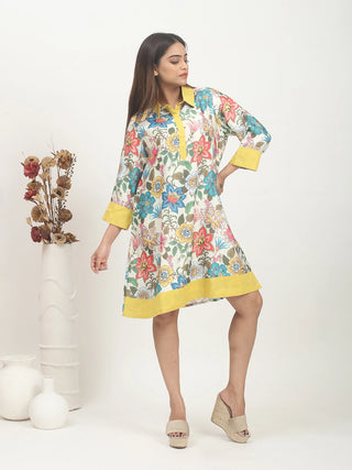 Sunlit Garden – Modal Satin Feel Floral Shirt Dress with Contrast Accents