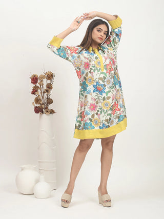 Sunlit Garden – Modal Satin Feel Floral Shirt Dress with Contrast Accents