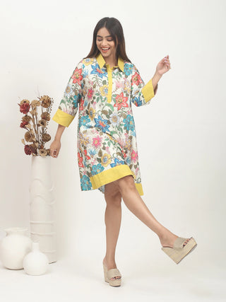 Sunlit Garden – Modal Satin Feel Floral Shirt Dress with Contrast Accents