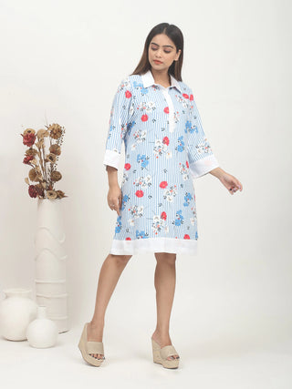 Blue Meadow – Dull Twill Floral Shirt Dress with Cotton Contrast