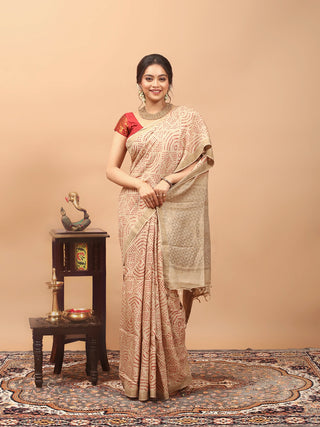Svarnalekha – Beige Pure Tussar Silk Saree with Brick Red Hand Rai Bandhej