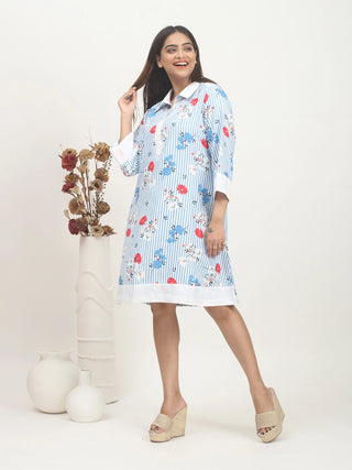 Blue Meadow – Dull Twill Floral Shirt Dress with Cotton Contrast