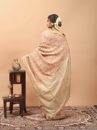 Svarnalekha – Beige Pure Tussar Silk Saree with Brick Red Hand Rai Bandhej