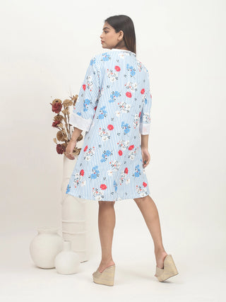 Blue Meadow – Dull Twill Floral Shirt Dress with Cotton Contrast