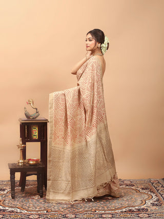 Svarnalekha – Beige Pure Tussar Silk Saree with Brick Red Hand Rai Bandhej