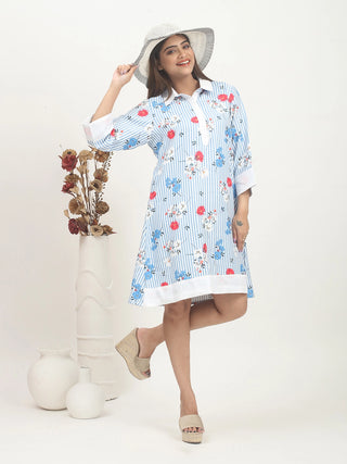 Blue Meadow – Dull Twill Floral Shirt Dress with Cotton Contrast