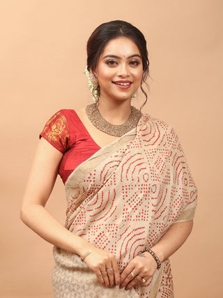 Svarnalekha – Beige Pure Tussar Silk Saree with Brick Red Hand Rai Bandhej