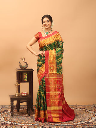 Vanaragini-Emerald Green and Crimson Red Rajkot Single Ikkat Pure Mulberry Silk Patola Saree