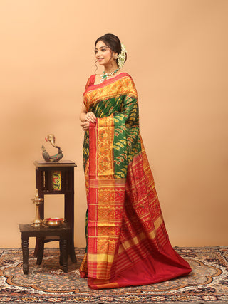 Vanaragini-Emerald Green and Crimson Red Rajkot Single Ikkat Pure Mulberry Silk Patola Saree