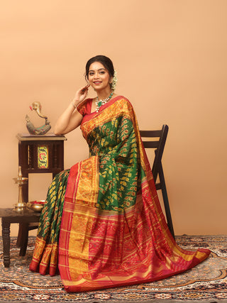 Vanaragini-Emerald Green and Crimson Red Rajkot Single Ikkat Pure Mulberry Silk Patola Saree