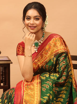 Vanaragini-Emerald Green and Crimson Red Rajkot Single Ikkat Pure Mulberry Silk Patola Saree