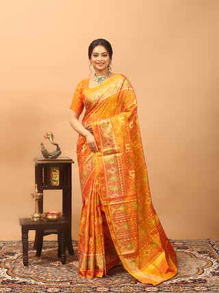Suryalekha-Vibrant Orange Rajkot Single Ikkat Pure Mulberry Silk Patola Saree